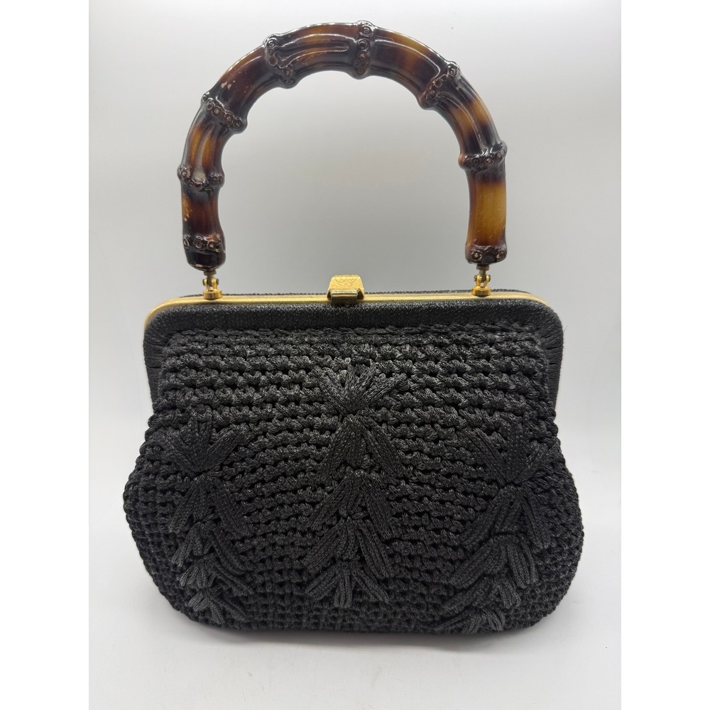 Regency Black Woven Handbag Bamboo Handle Gold Vintage Purse Coquette Cottage‎